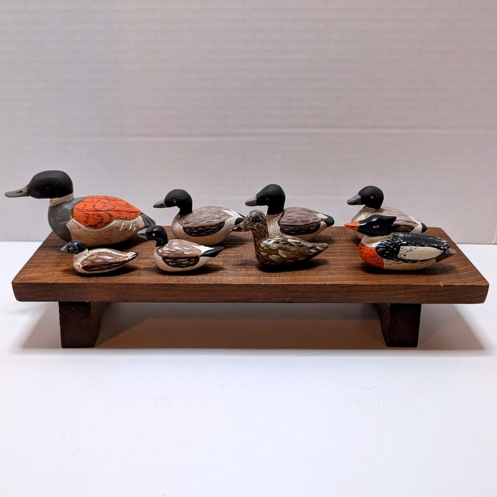 Vtg Hand Painted Wood Duck Decoy Miniatures Set Rustic Cabin Hunting Decor Set 8